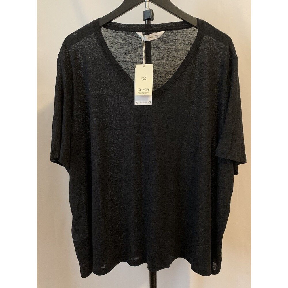 Mango MNG Womens Size 4XL Top Black Linen Blouse Semi Sheer Lightweight
